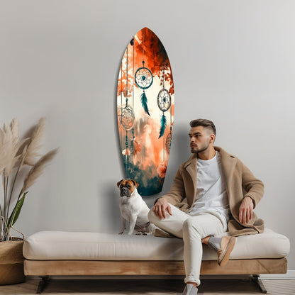 Orange Teal Dreamcatcher Surfboard Glass Wall Art