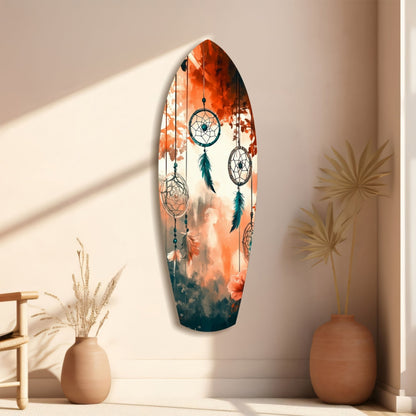 Orange Teal Dreamcatcher Surfboard Glass Wall Art