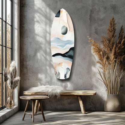 Abstract sailing glass wall art with blue and beige layered design displayed above wooden bench in minimalist interior.