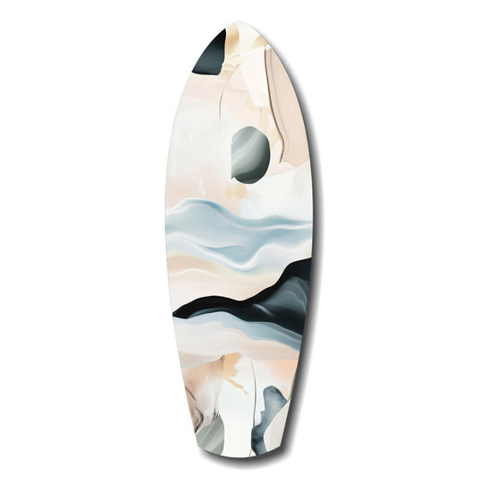 Abstract sailing glass wall art featuring layered landscape design in cream, blue, and black tones with circular cutout detail, front view.