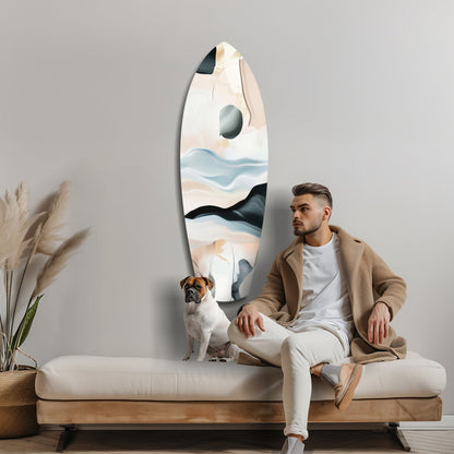 Man and dog sitting on wooden bench in front of oval abstract glass wall art with layered blue, black, and cream tones.