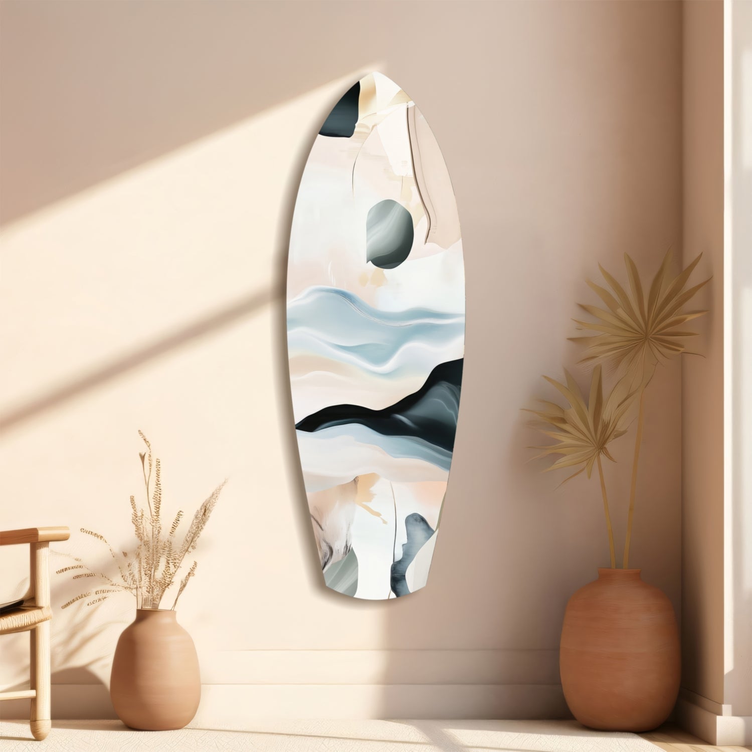 Abstract sailing glass wall art in white, blue, and black tones displayed on a beige wall beside terracotta vases and dried grasses.