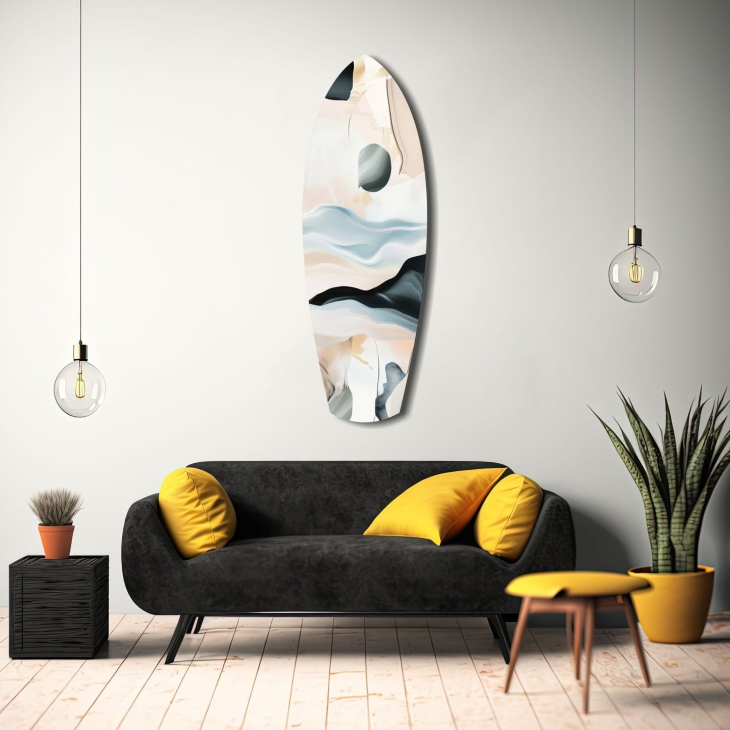 Abstract sailing glass wall art with layered blue, black, and cream tones displayed above a black sofa in a modern living room setting.