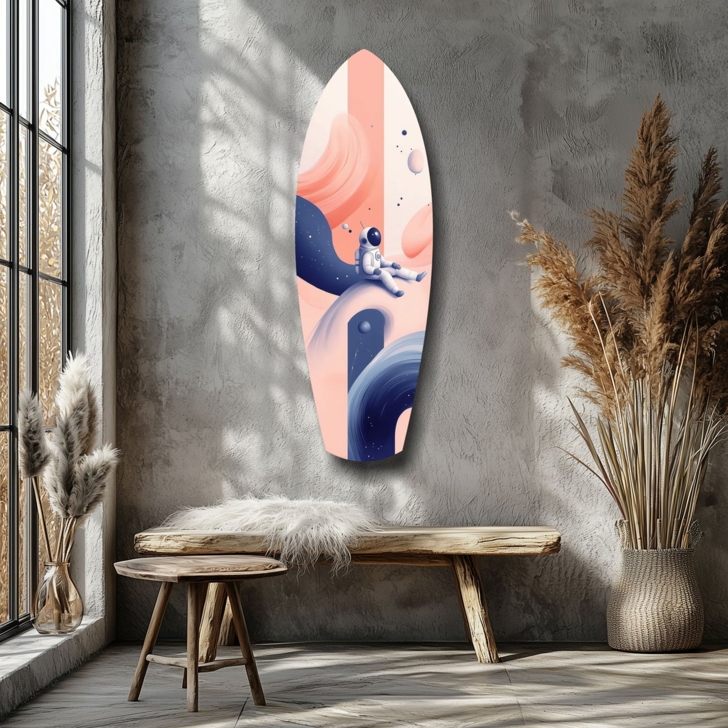 Oval glass wall art featuring an astronaut in coral, navy, and cream tones, displayed above a wooden bench in a minimalist interior.