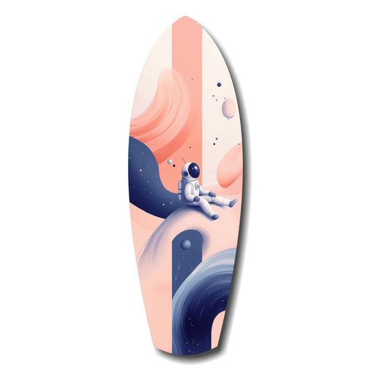 Surfboard-shaped glass art featuring an astronaut sitting on a planet, surrounded by coral and navy swirling landscapes with stars.