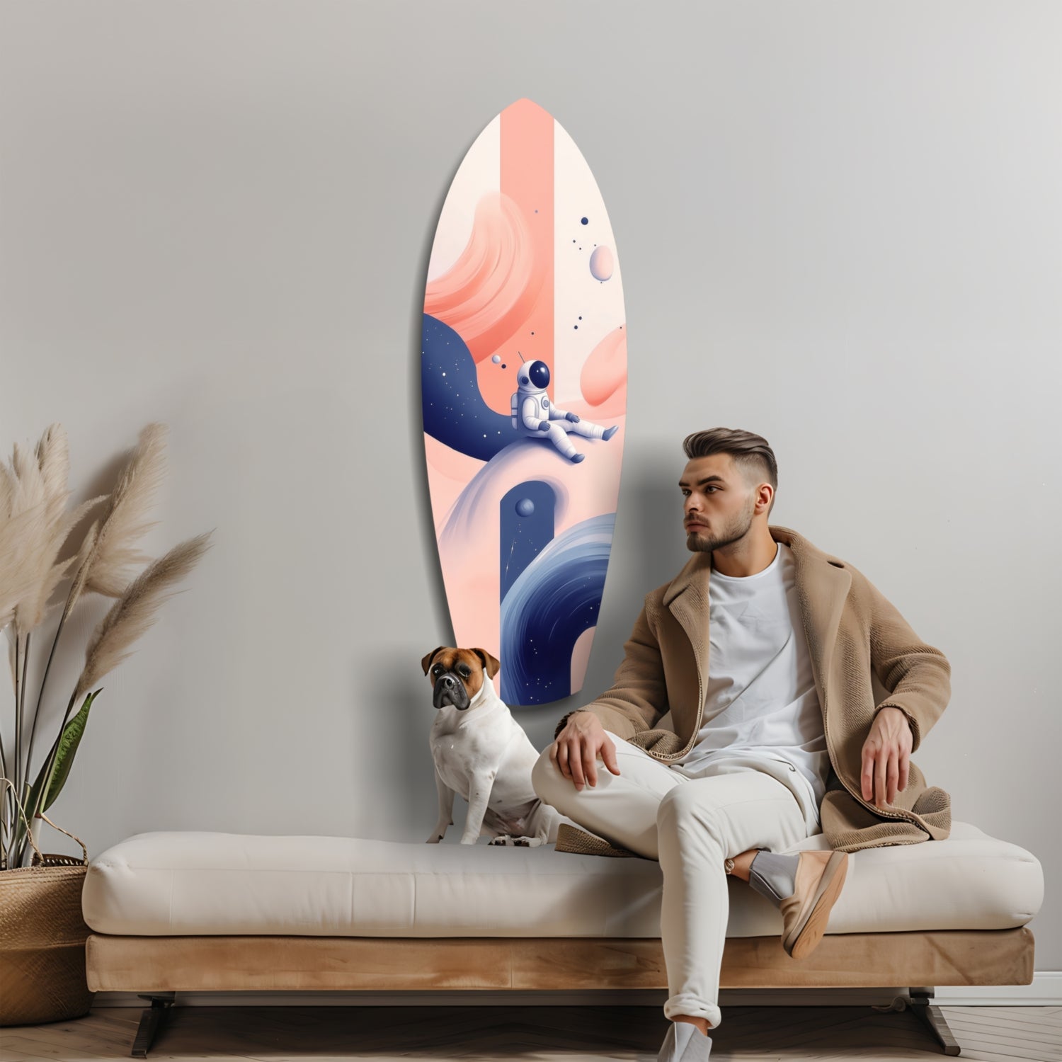 Man and dog sitting on bench beside tall oval glass wall art featuring astronaut, planets, and coral and navy gradient design.