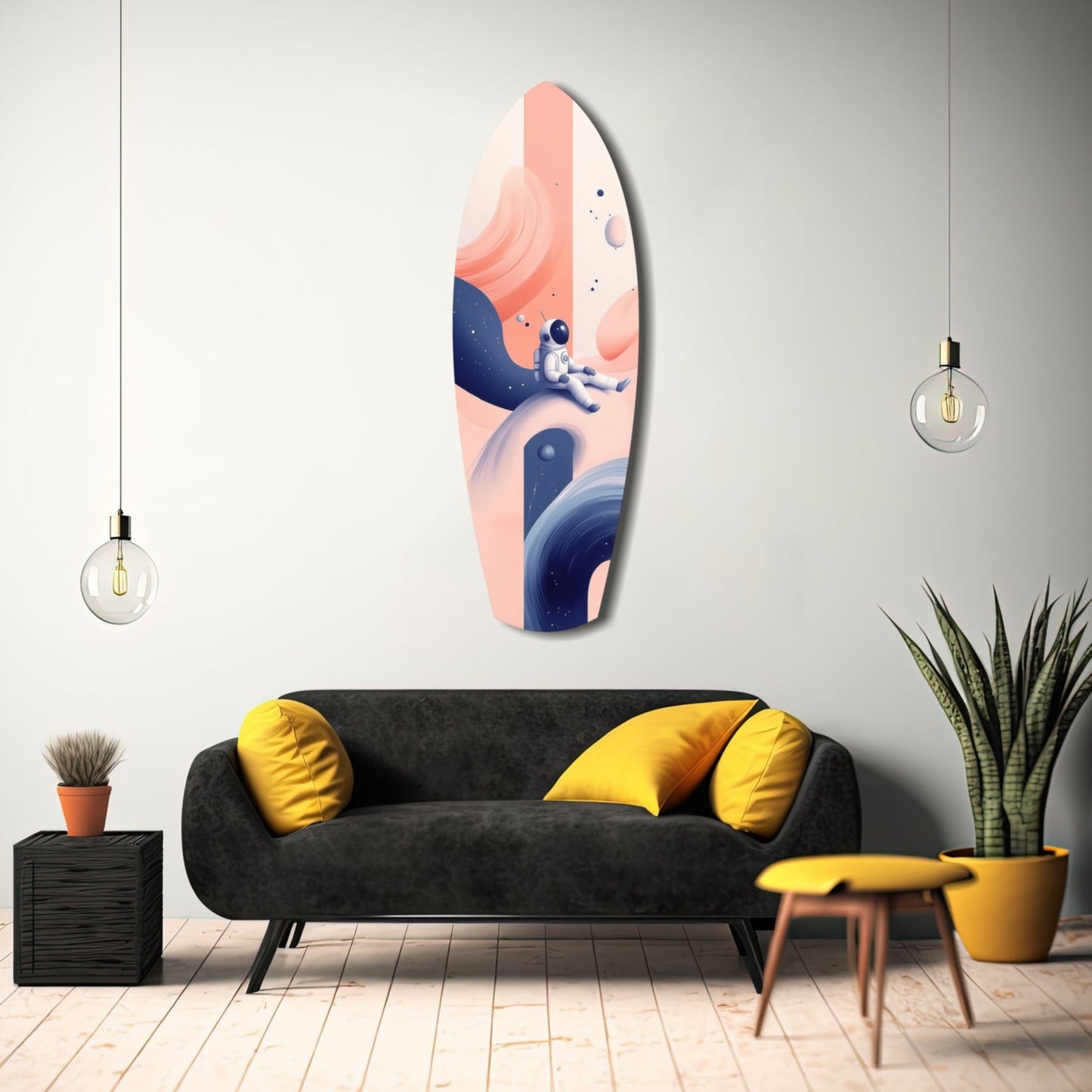 Creamy Dreams glass wall art displayed above black sofa with yellow pillows in modern living room setting.