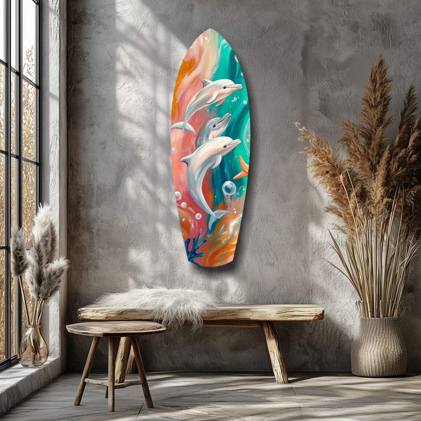 Colorful glass surfboard wall art depicting three dolphins swimming among coral in orange, teal, and pink tones, displayed on a gray textured wall above wooden furniture.