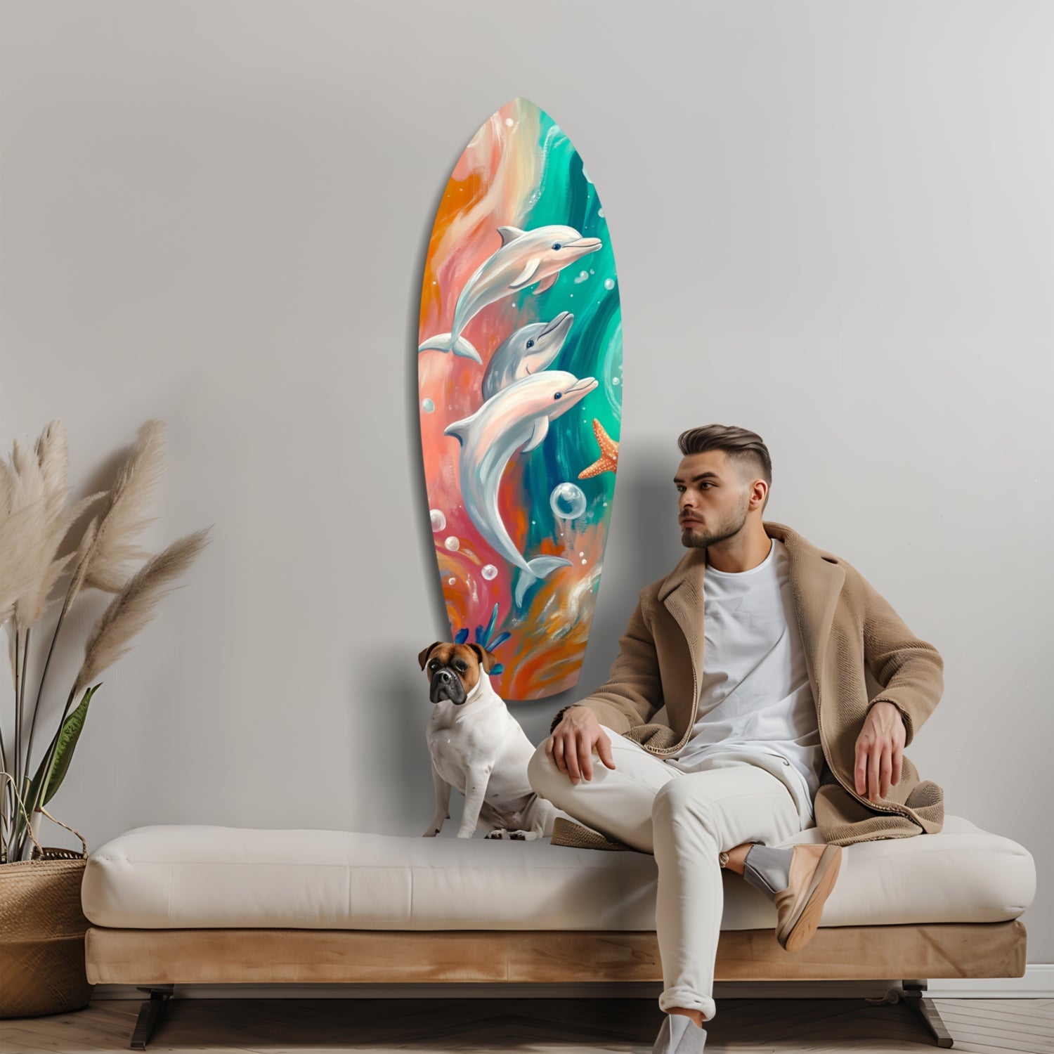 Man and dog sitting on bench beneath colorful glass surfboard art featuring three leaping dolphins and coral reef details.