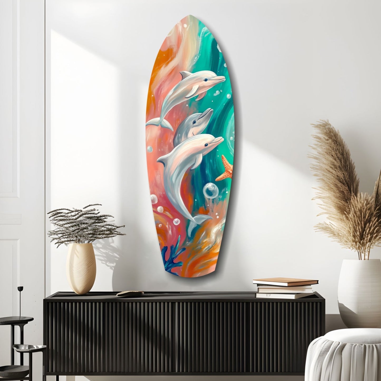 Colorful glass surfboard-shaped wall art depicting three dolphins swimming among coral and bubbles in vibrant orange, teal, and pink tones, displayed above a black cabinet in a minimalist interior.