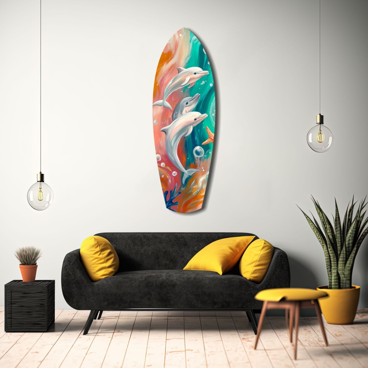 Colorful glass surfboard wall art depicting three leaping dolphins in turquoise and coral tones, displayed above a black sofa in a modern living room interior.