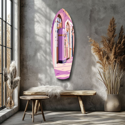 Vintage Melody Box Glass Wall Art in pink and purple tones displayed above wooden bench in minimalist interior setting.
