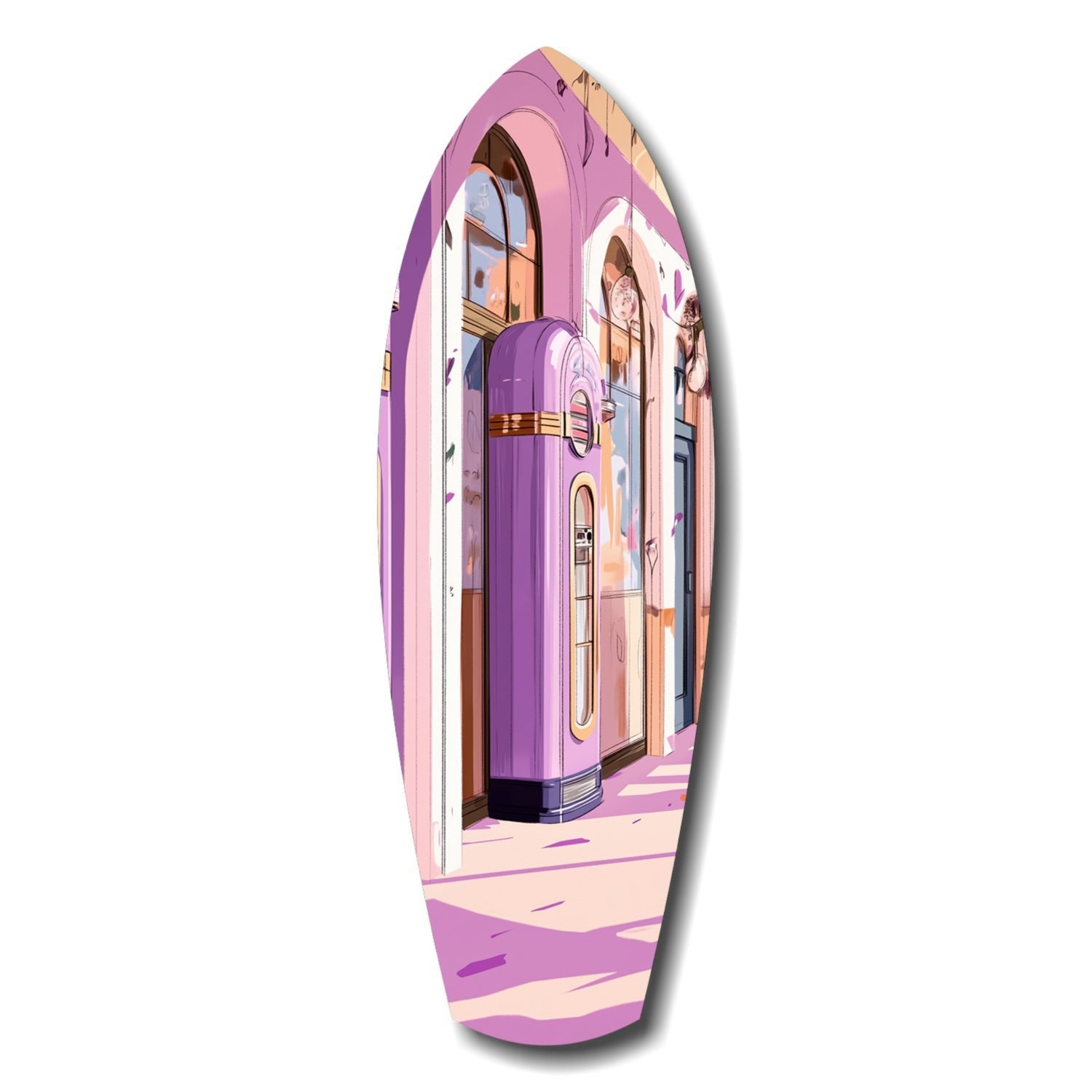 Vertical oval glass wall art showing an illustrated purple vintage jukebox in a pink-toned retro interior setting with figures visible in background.