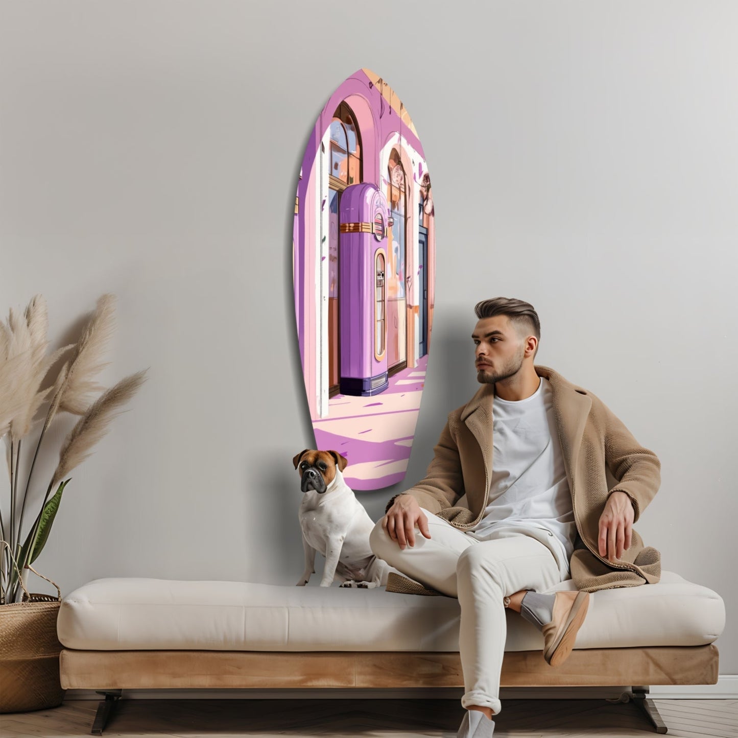 Man and dog sitting on bench before pink and purple glass wall art depicting vintage elevator interior scene.