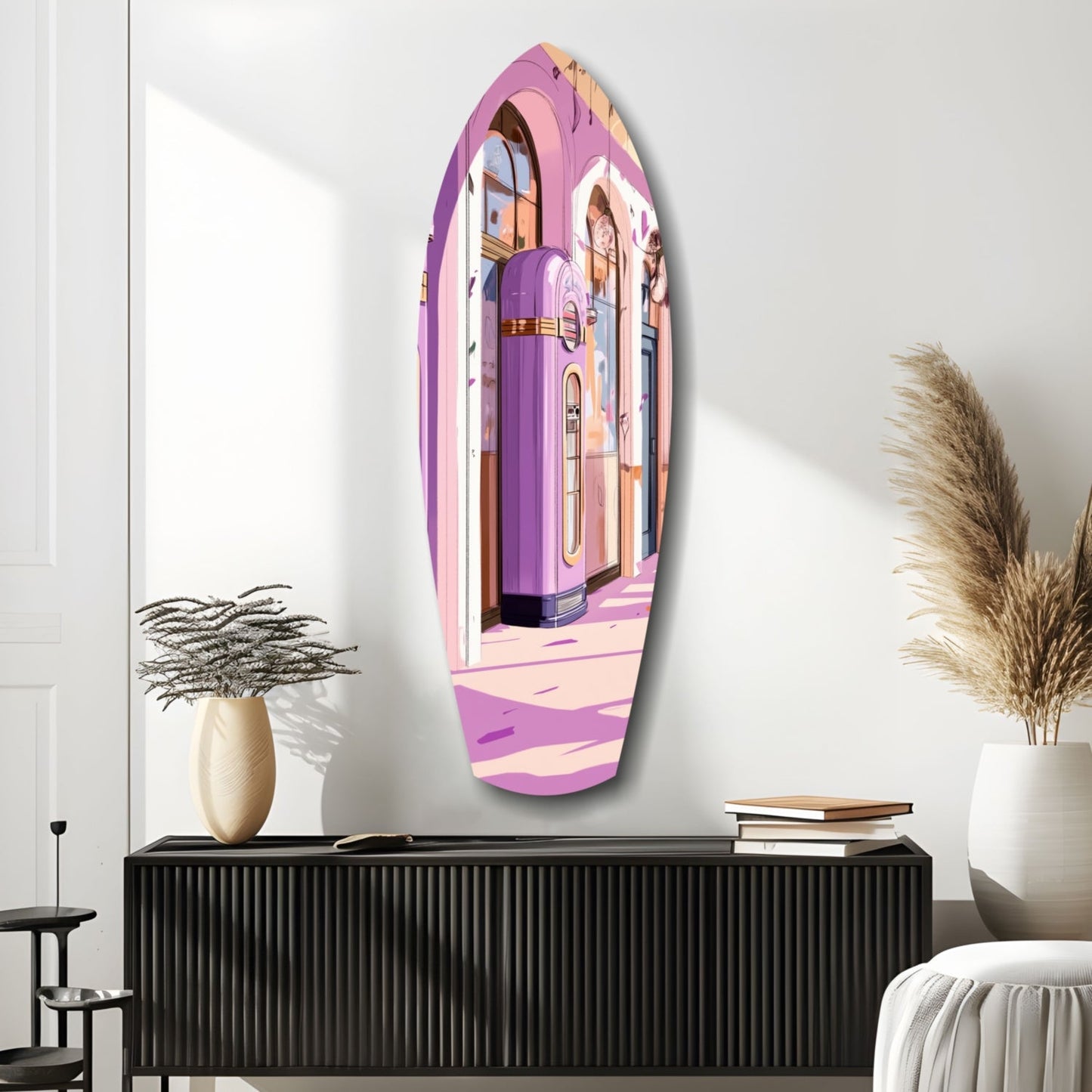 Vintage Melody Box Glass Wall Art in pink and purple tones displayed on a white wall above a black sideboard with decorative vases and books.