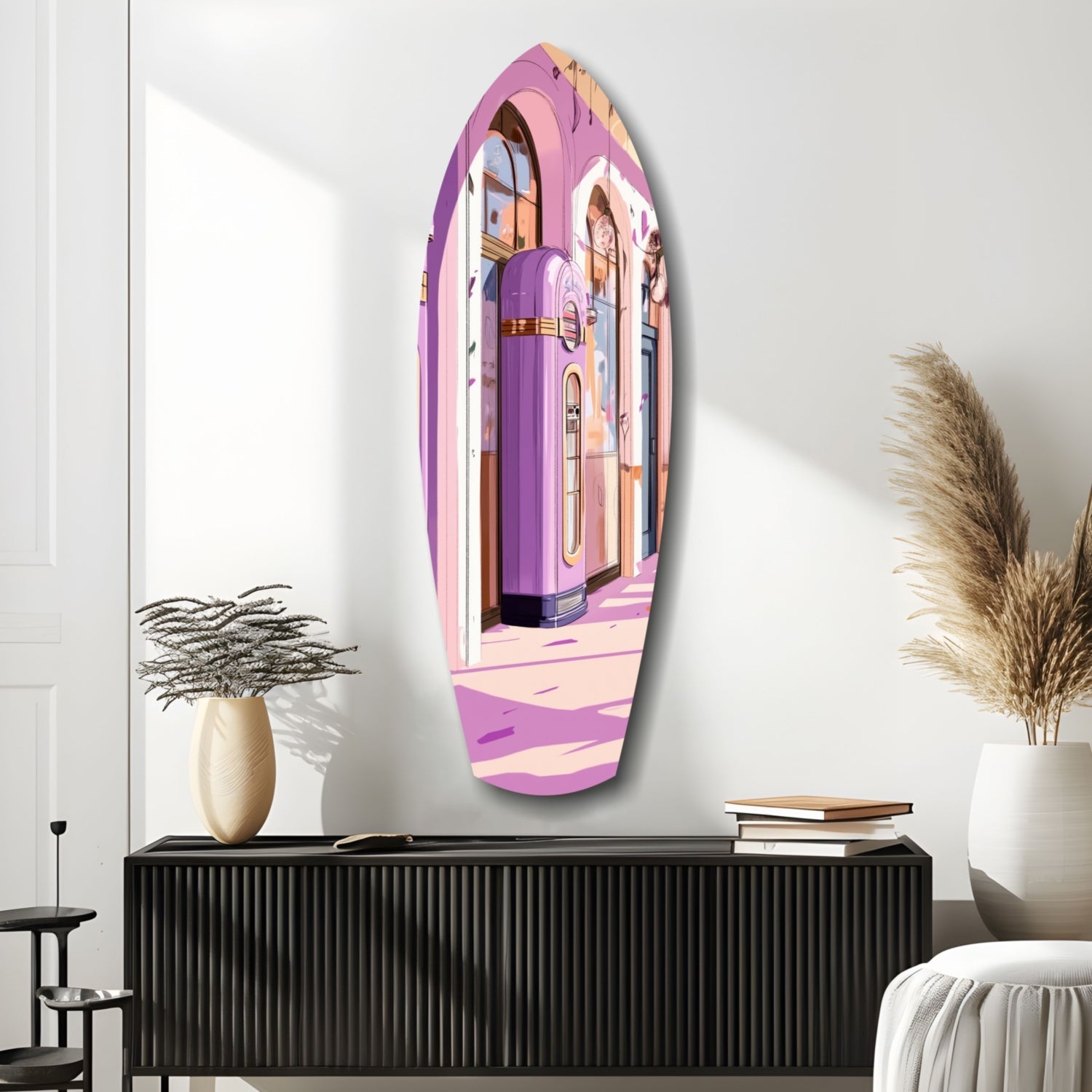 Vintage Melody Box Glass Wall Art in pink and purple tones displayed on a white wall above a black sideboard with decorative vases and books.