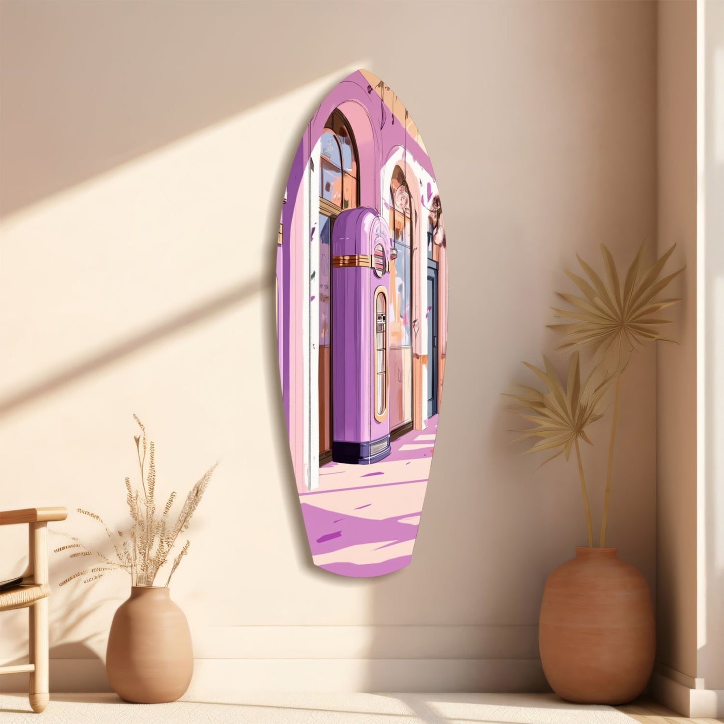 Purple and pink glass wall art depicting an ornate interior scene, displayed on a beige wall between decorative ceramic vases.