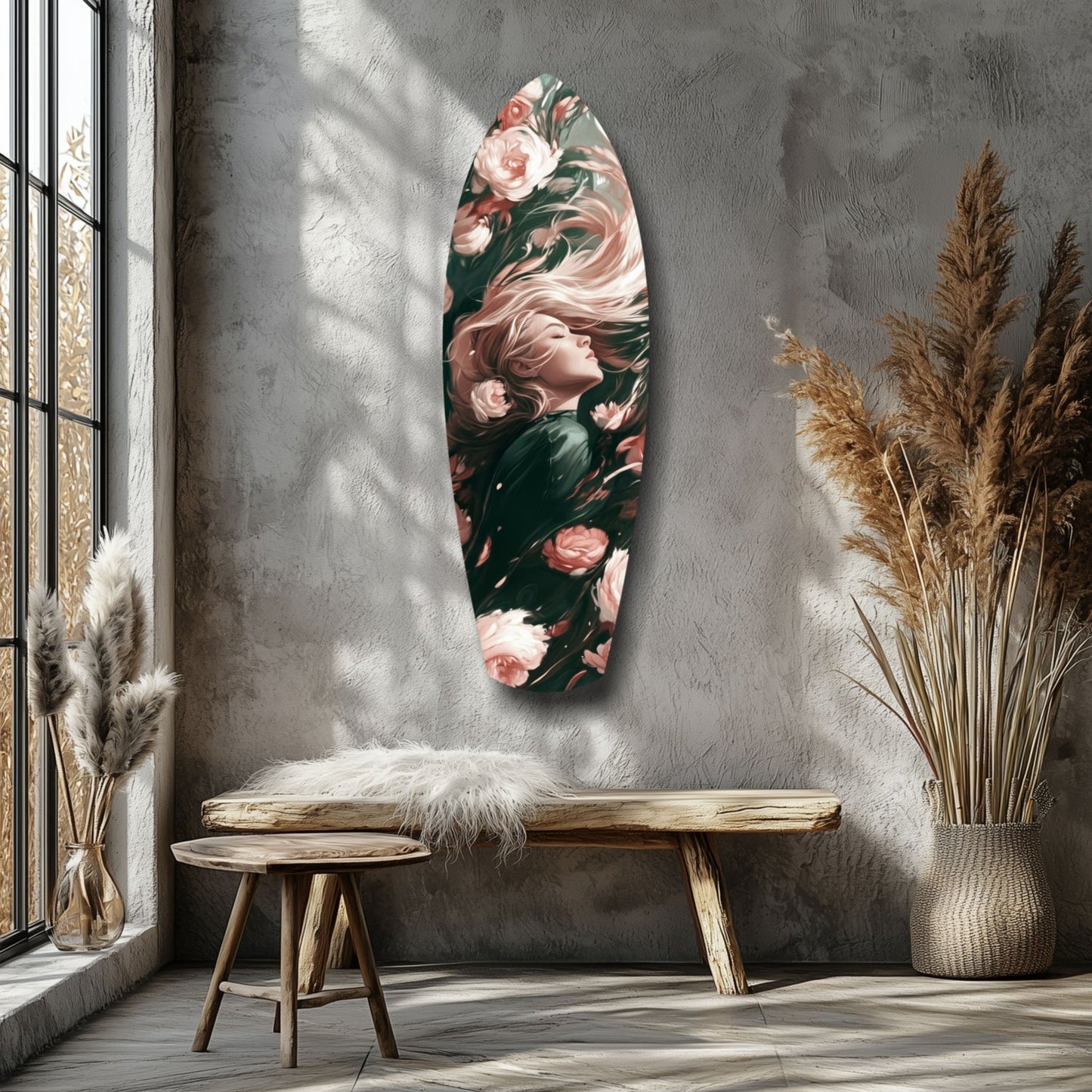 Blooming Breeze glass wall art featuring a woman's profile surrounded by pink roses on dark background, displayed in minimalist room with wooden bench and dried pampas grass.