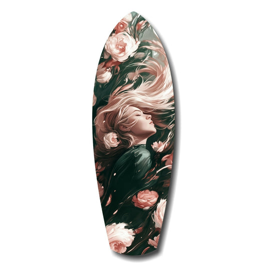 Oval glass wall art featuring a woman's profile surrounded by pink and white roses on dark green background.
