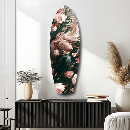 Blooming Breeze glass wall art displayed vertically above black cabinet, featuring woman's profile surrounded by pink and red roses on dark background.