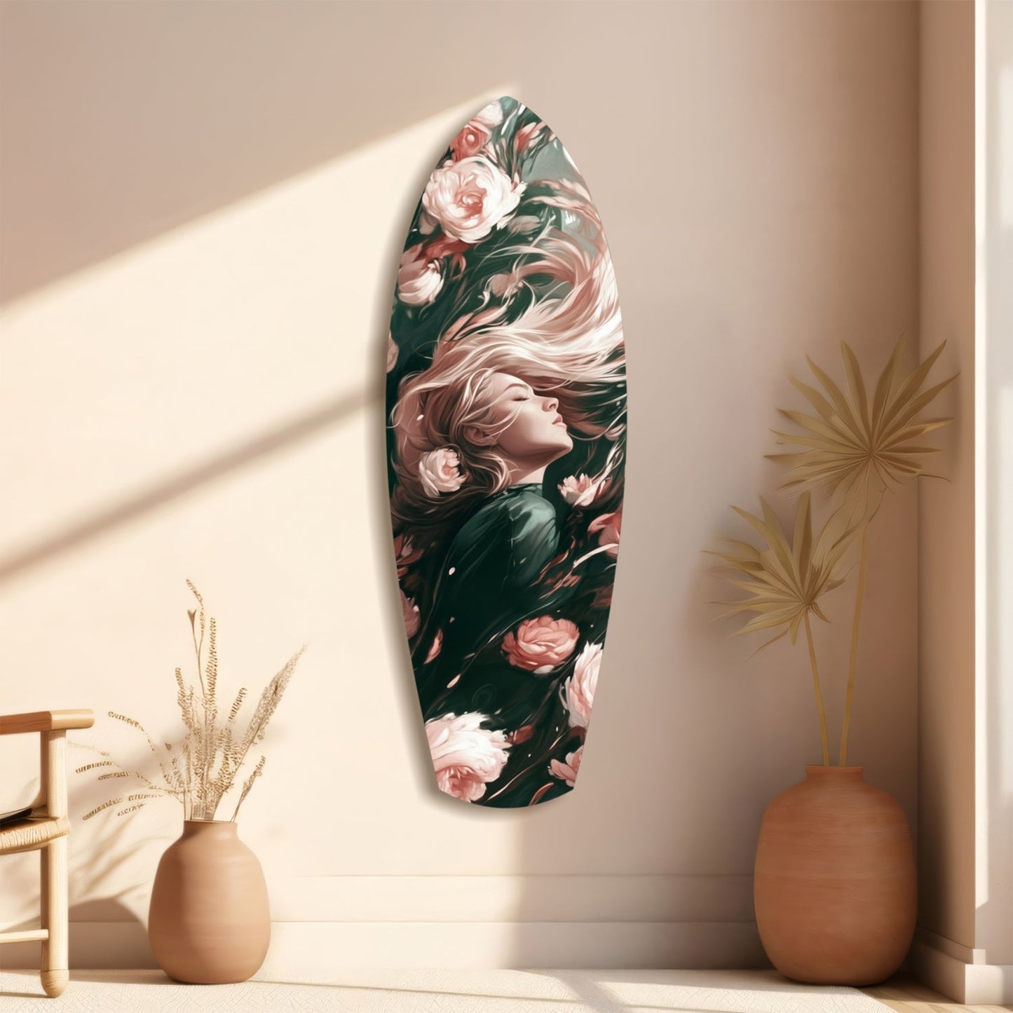 Oval glass wall art featuring an illustrated woman with flowing hair surrounded by pink and white roses on dark green background, displayed in a minimalist beige room with dried flower arrangements.