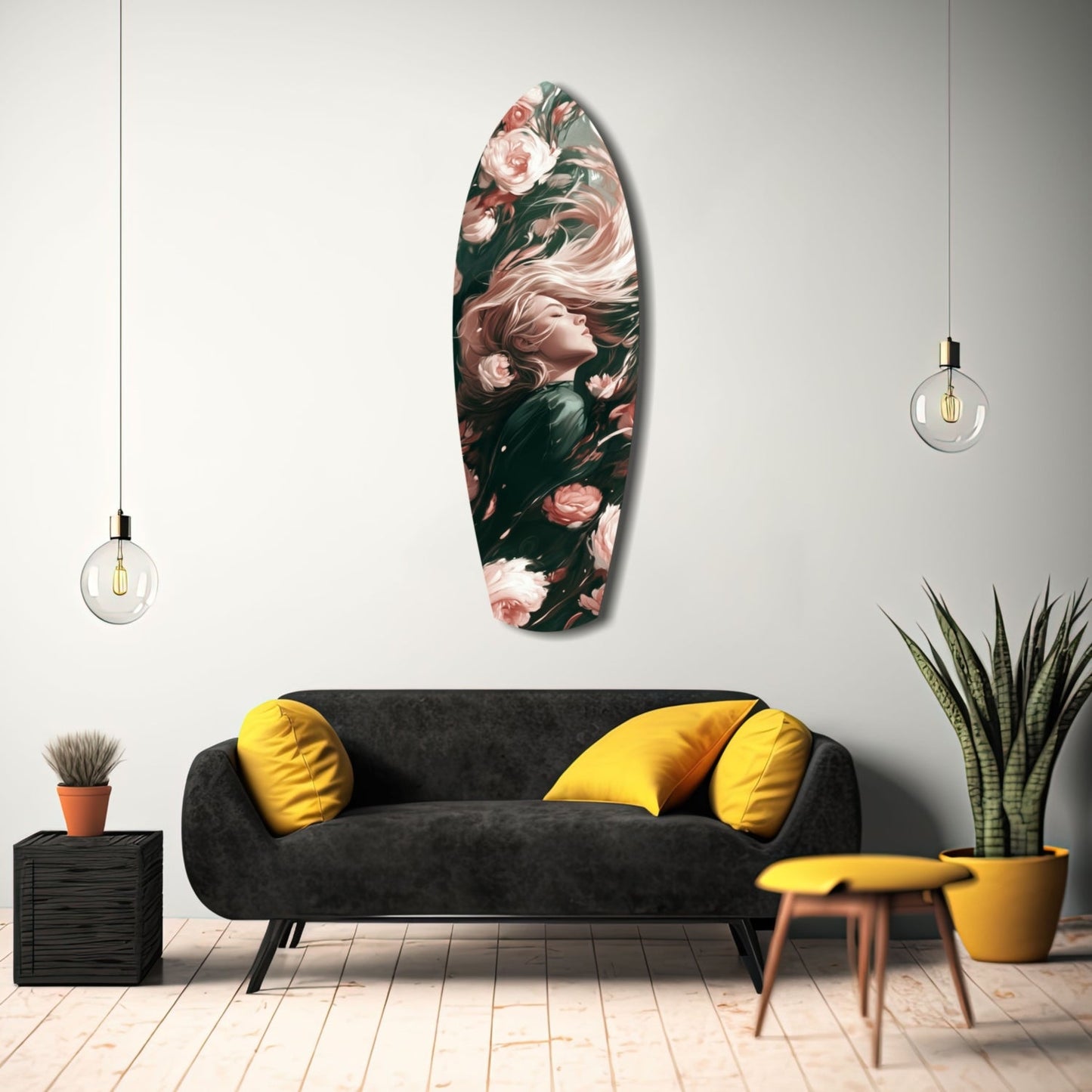 Black glass wall art with pink and white floral design and woman's profile, displayed above yellow-cushioned sofa in modern living room.