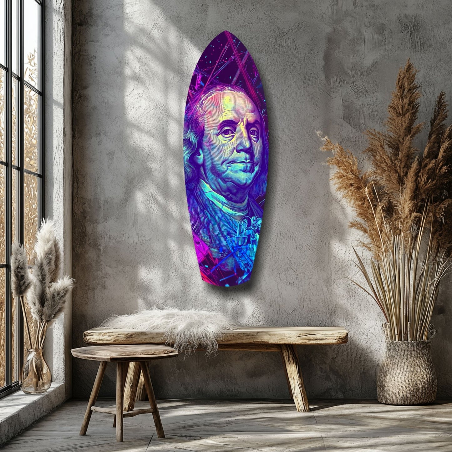 Neon Halftone Banknote Portrait Glass Wall Art