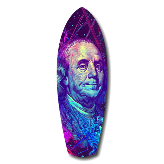 Neon halftone portrait on elongated oval glass panel featuring purple, cyan, and yellow tones with geometric patterns and architectural elements at base.