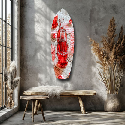 Oval glass wall art featuring a red Coca-Cola bottle displayed above a wooden bench in a minimalist room with pampas grass decor.