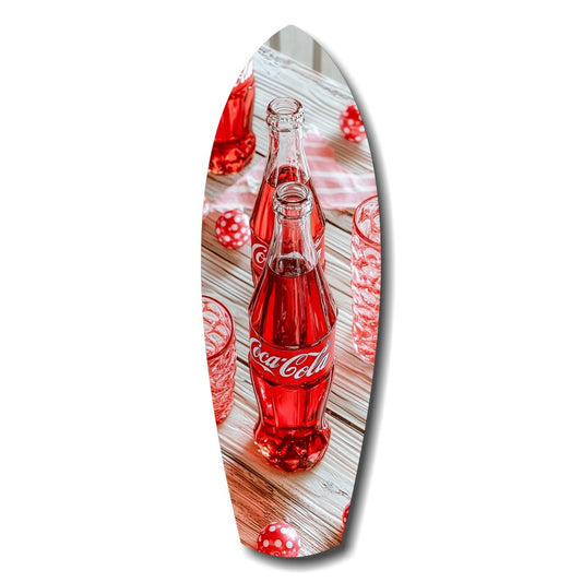 Vintage Coca-Cola glass bottle on wooden surface with red decorative spheres, printed on oval surfboard-shaped wall art.