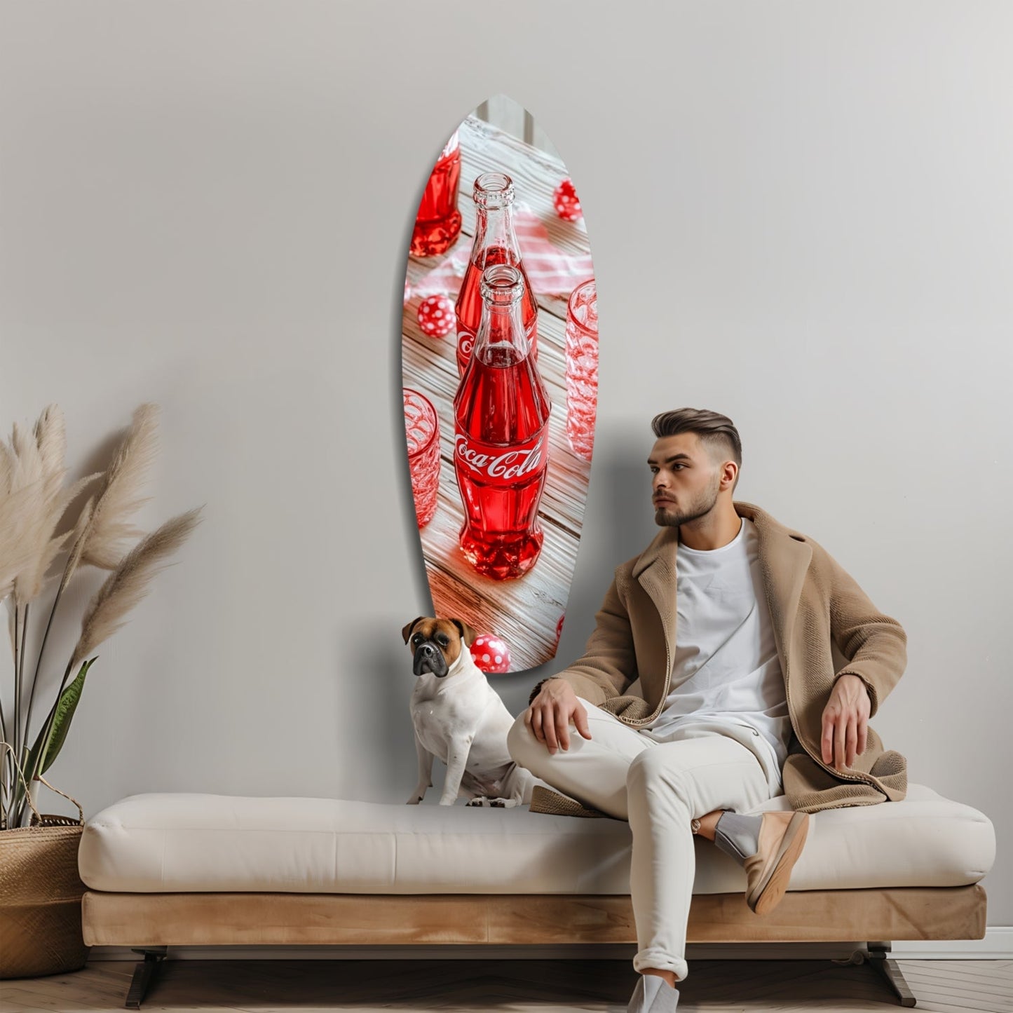Man and dog sitting on cream sofa below oval glass wall art featuring red Coca-Cola bottle on white wooden background.
