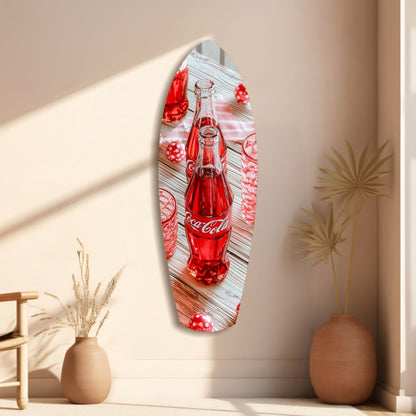 Oval red Coca-Cola bottle glass wall art displayed on cream wall beside terracotta vases with dried botanicals.