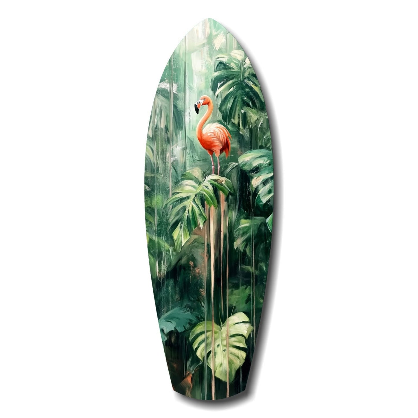Surfboard-shaped glass art featuring a vibrant orange flamingo surrounded by lush green tropical foliage and monstera leaves.
