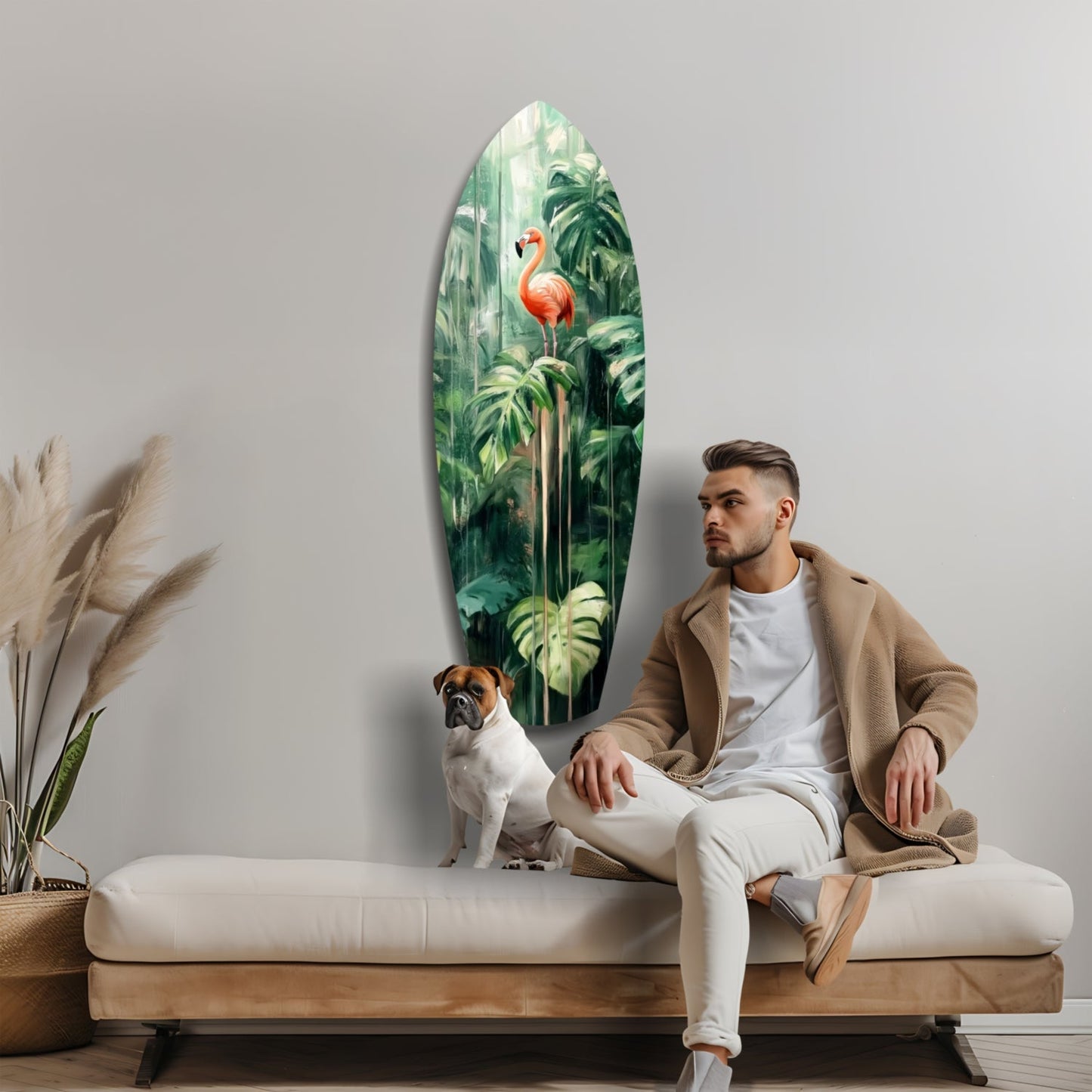 Man and dog sitting on cream bench beside oval glass wall art depicting flamingo among green tropical plants.