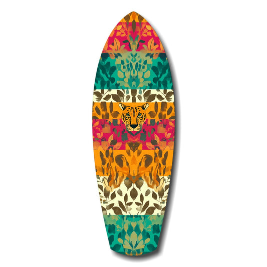 Surfboard-shaped wall art with horizontal stripes in red, orange, yellow, teal, and cream featuring a tiger face and tropical leaf patterns.