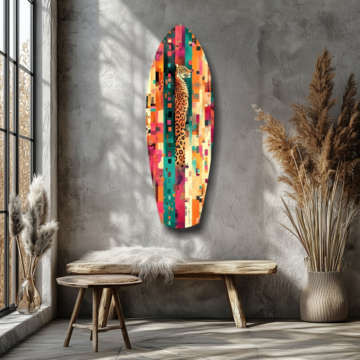 Leopard on Color Block Mosaic Glass Wall Art