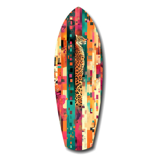 Surfboard-shaped glass wall art featuring a leopard profile against a vibrant mosaic of colorful square tiles in orange, teal, pink, and cream.