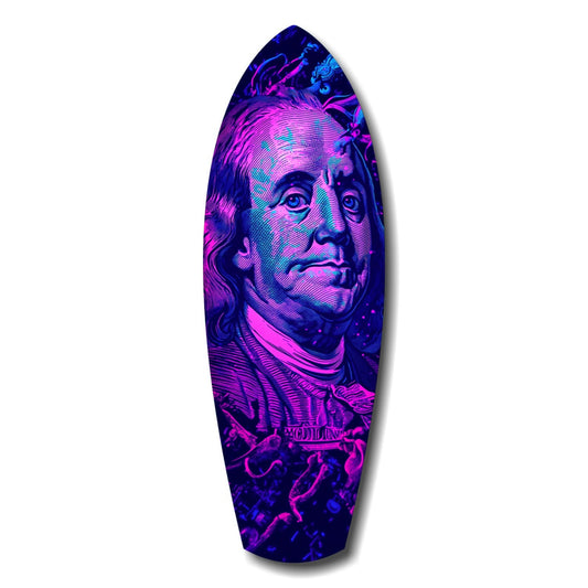 Neon magenta and cyan portrait on elongated black glass surfboard showing historical figure with ornate collar and decorative elements.