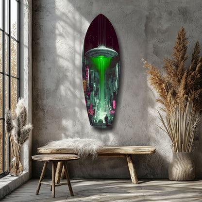 Green Beam UFO Over Neon City Glass Wall Art