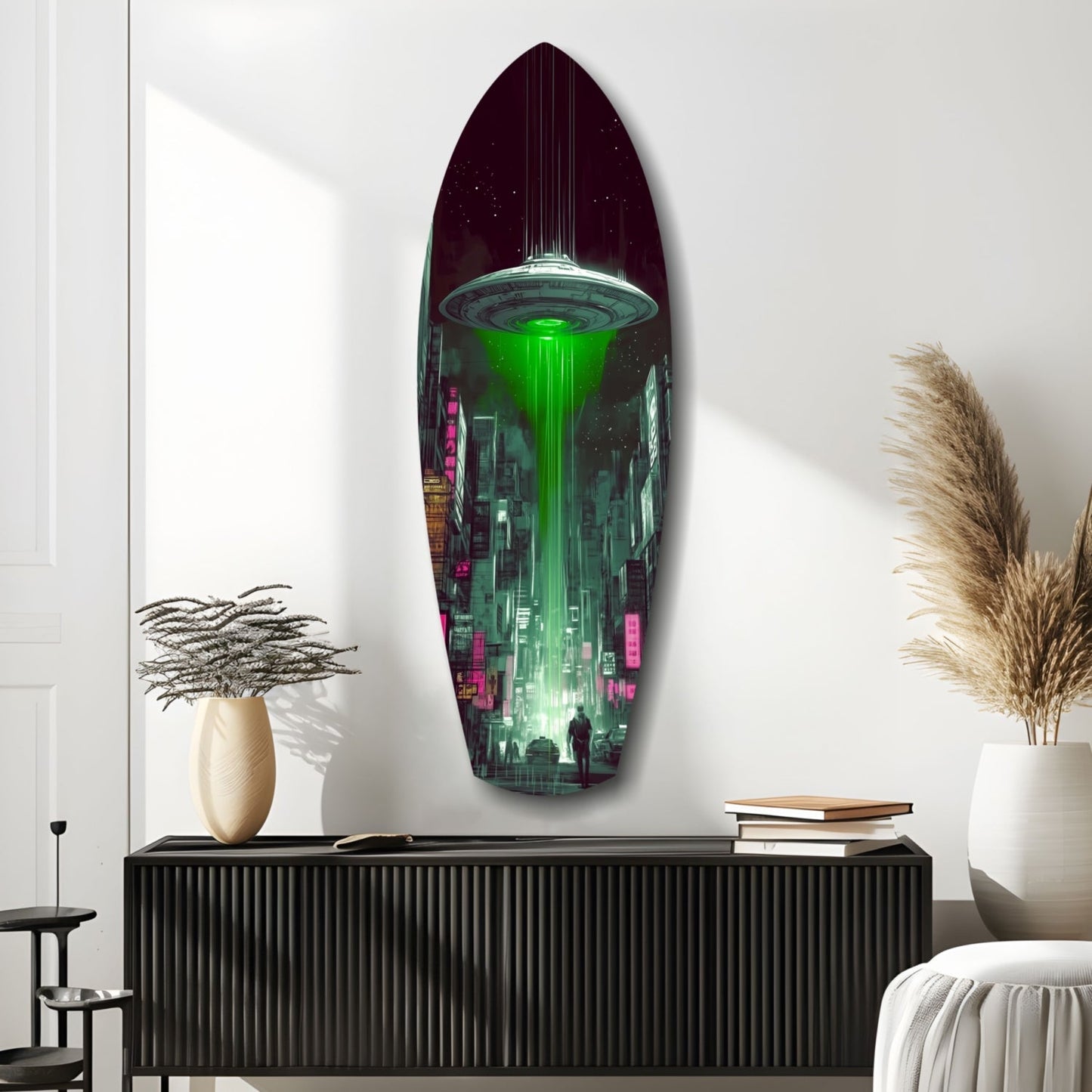 Green Beam UFO Over Neon City Glass Wall Art