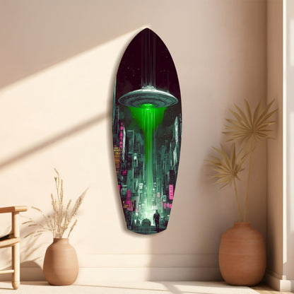 Green Beam UFO Over Neon City Glass Wall Art