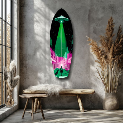 Pink and Green UFO Street Beam Glass Wall Art