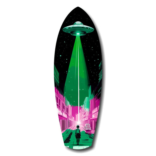 Surfboard-shaped glass art featuring a neon green UFO beam descending over a magenta-lit urban street with a silhouetted figure below against a starry black sky.