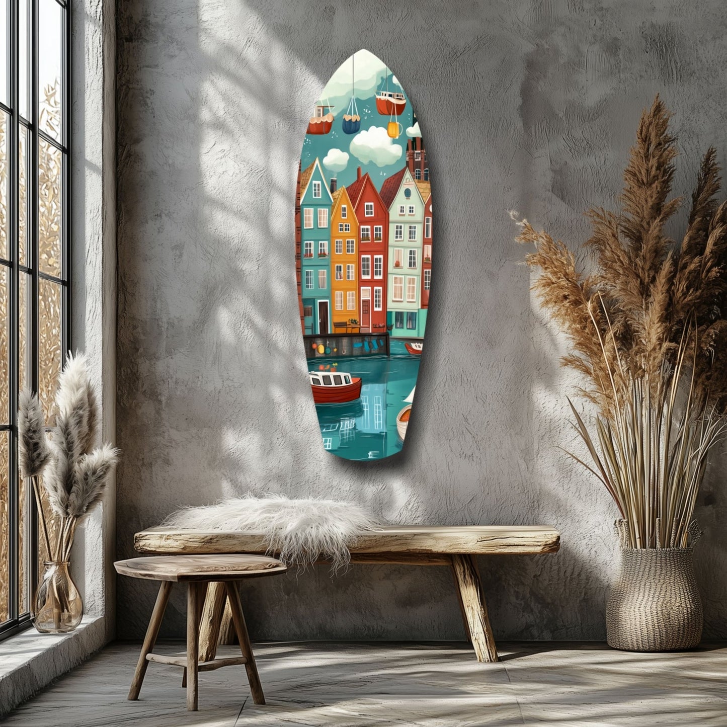 Colorful glass wall art depicting a coastal village with red and orange buildings displayed above a wooden bench in a minimalist interior.
