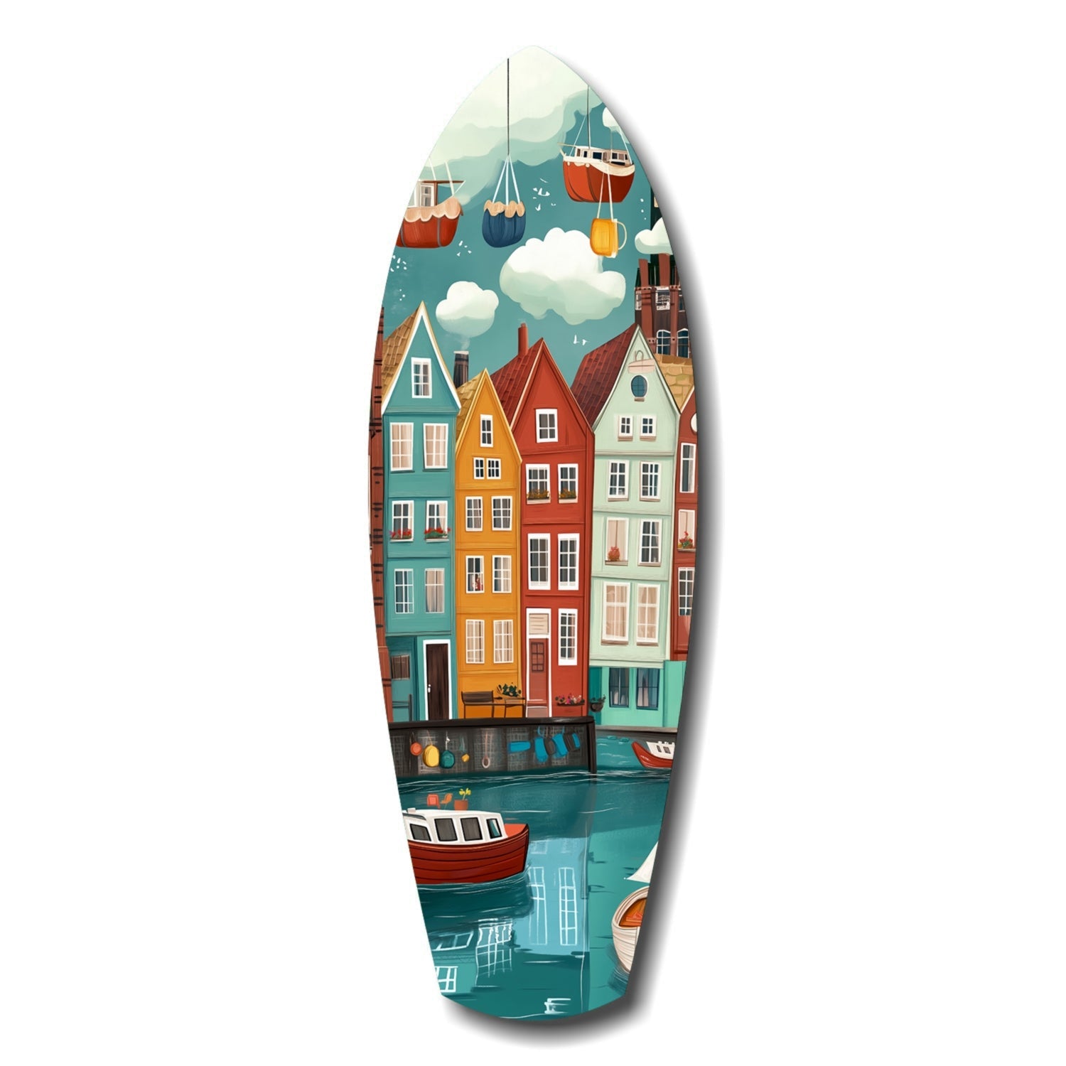 Teardrop-shaped glass wall art depicting colorful waterfront houses, boats, and sky in teal, red, orange, and cream tones against white background.