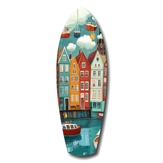 Teardrop-shaped glass wall art depicting colorful waterfront houses, boats, and sky in teal, red, orange, and cream tones against white background.