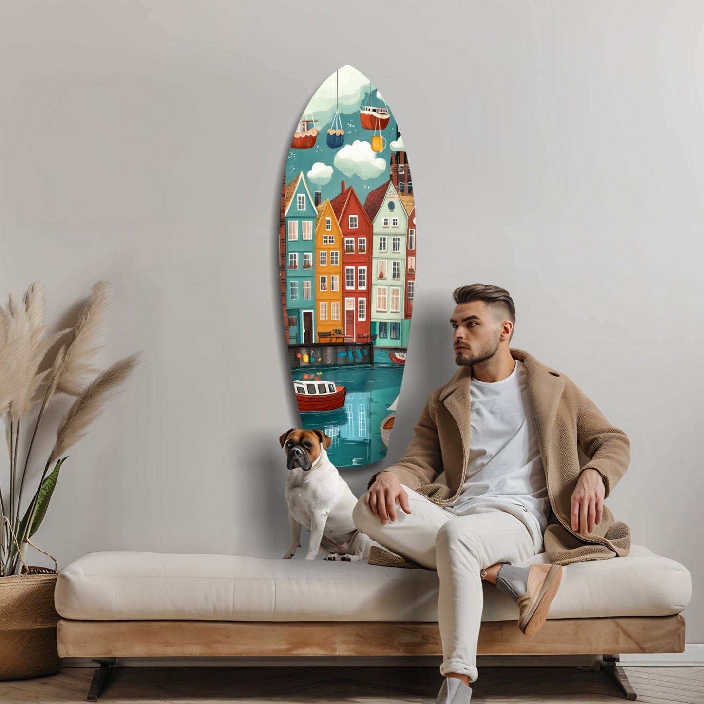 Man in beige cardigan sitting on cream bench beside surfboard-shaped glass wall art depicting colorful coastal houses and boats, with dog.