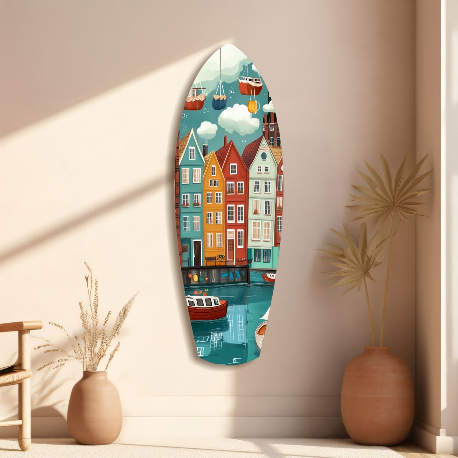 Oval glass wall art depicting colorful coastal buildings and boats hanging on beige wall beside terracotta vases and dried grasses.