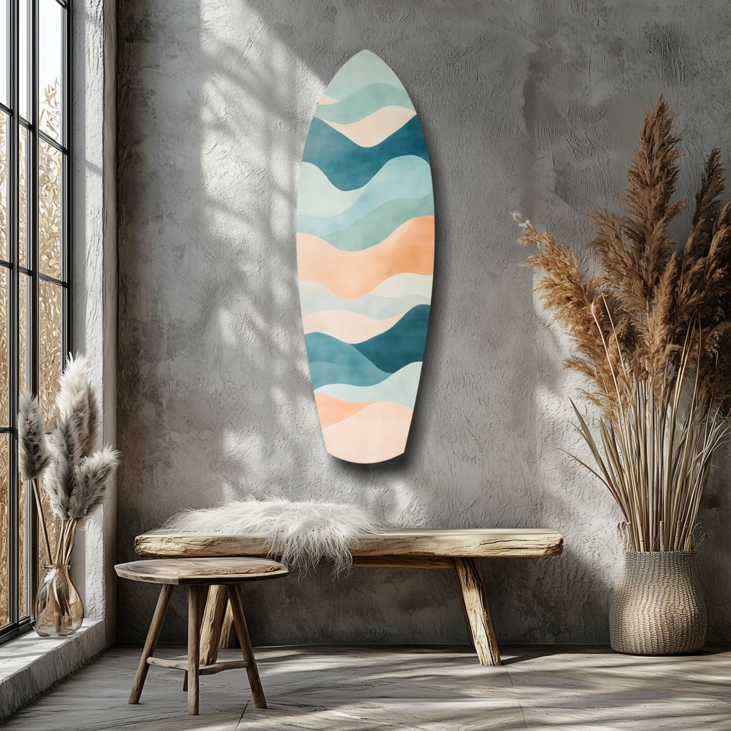 Surfboard-shaped wall art with layered wave pattern in teal, cream, and peach tones displayed above wooden bench in minimalist interior.