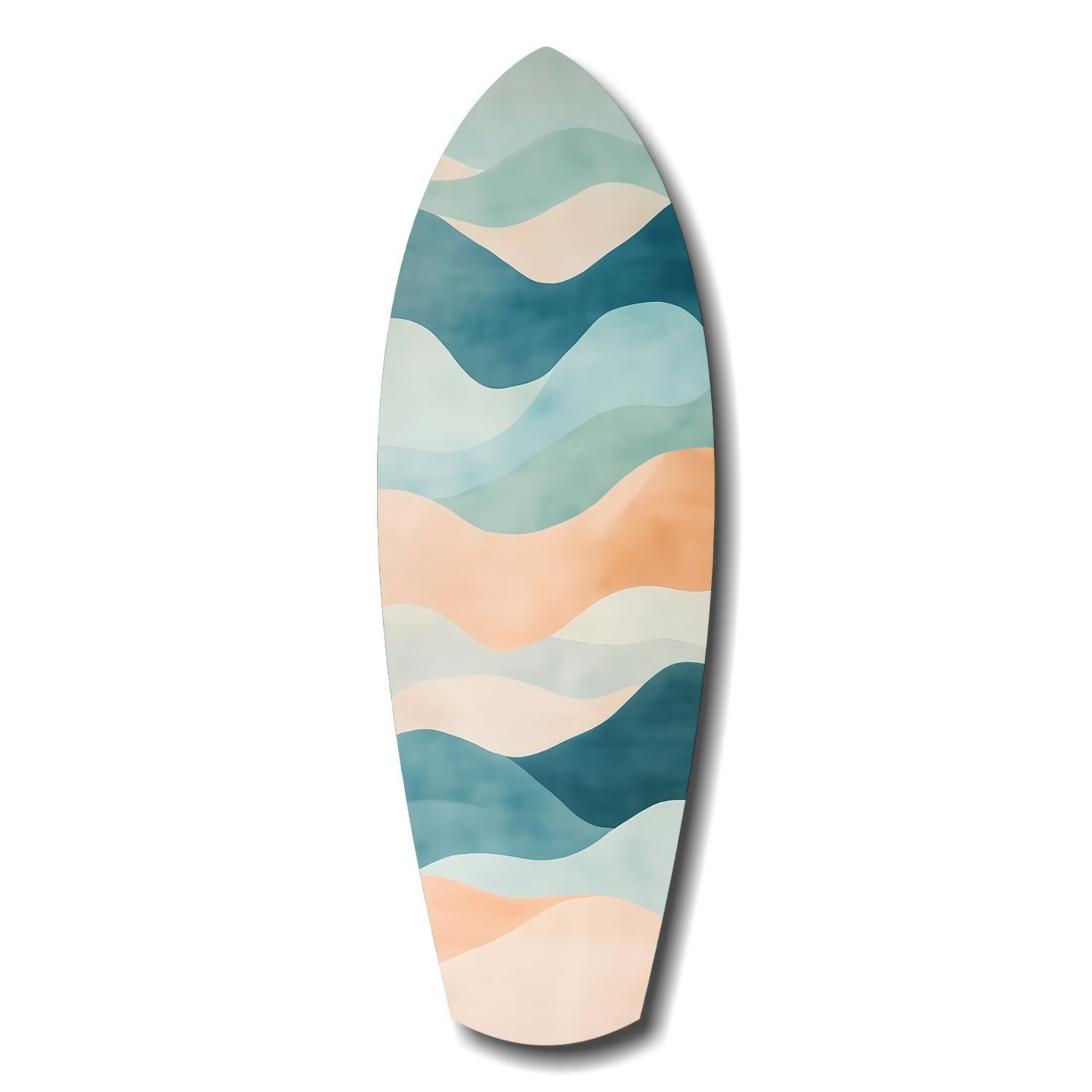 Surfboard-shaped wall art with layered wave pattern in teal, cream, beige, and ocean blue tones against white background.